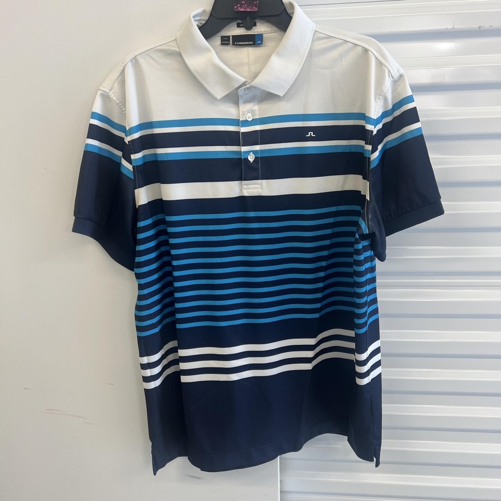 J.Lindeberg Polo Shirt Mens 2XL Blue White Striped Golf Regular Fit Performance